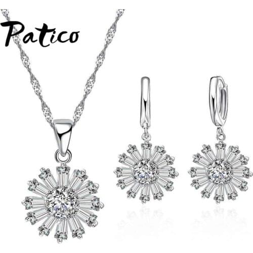 Female Flower Crystal Column Cubic Zirconia Necklace and Earrings Jewelry Set 925 Sterling Silver Party Present for Women