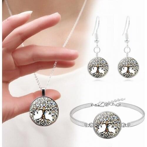4 Pc/Set Tree of Life Time Gem Necklace Set Silver Bracelet Earring Accessories Set