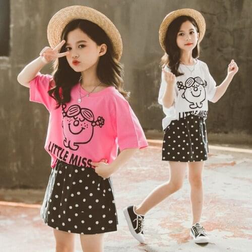 Summer Girls Cartoon Print Letter T-Shirt Dot Skirt Clothes Sets Children Short Sleeve Clothing 2-piece Suit Fashion Kids Outfit
