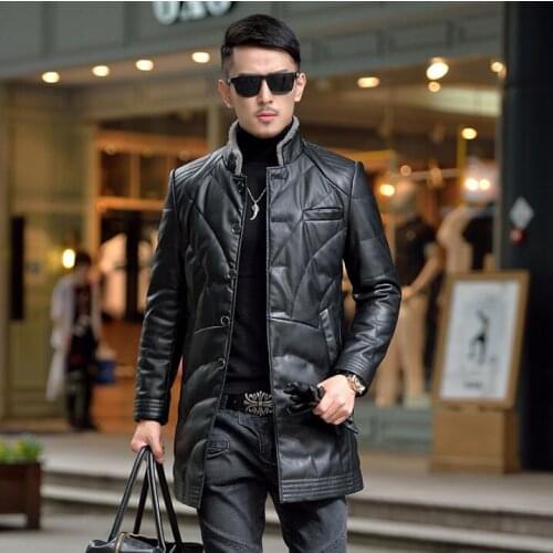 2020 new leather down male Long Windbreaker Slim Korean Coat stand collar Business casual Winter jacket for men tide