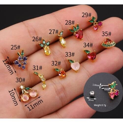 New 18G1PC Cz Cartilage Ear Ring Ear Piercing Fruit Conch Lobe Earrings Barbell Stud Helix Jewelry