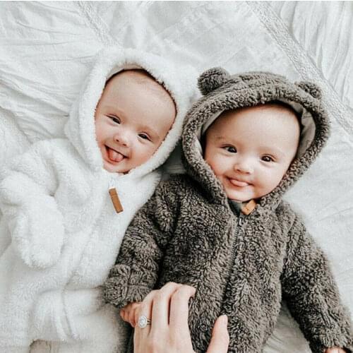 Solid long sleeve fleece baby romper newborn infant warm winter hooded rompers