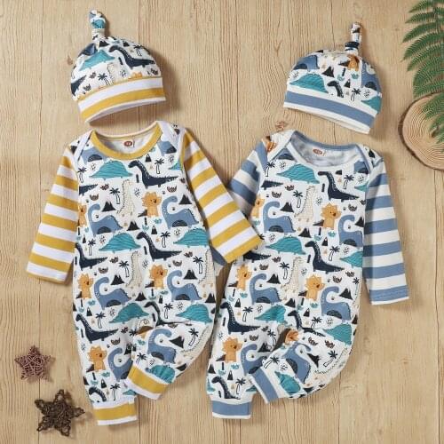 Baby Girls Boys Casual Two-piece Clothes Set Stripe Dinosaur Printed Pattern Long Sleeve Romper Jumpsuit+Cap Outfit