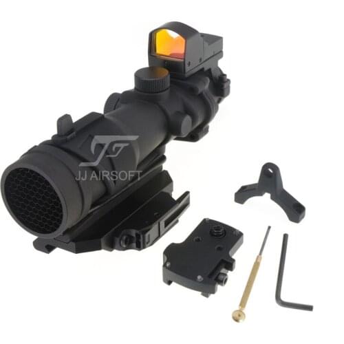 JJ Airsoft ACOG Style 4x32 Scope with Mini Red Dot and Killflash / Kill Flash , AC12033 Bobro Style QD Mount (Black/Tan)