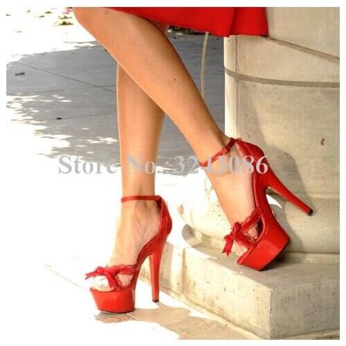 Sexy 15cm Thin Heel Lace Bowtie Platform Sandals Woman Ankle Buckle Pink /Red/Black Stiletto Wedding Sandals Lady Large Shoes