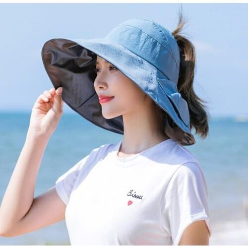 New Fashion Summer Large Brim Sun Hats Women Sunscreen Empty Top Bowknot Adjustable Foldable Cap Outdoor Beach Anti-UV Visor Hat