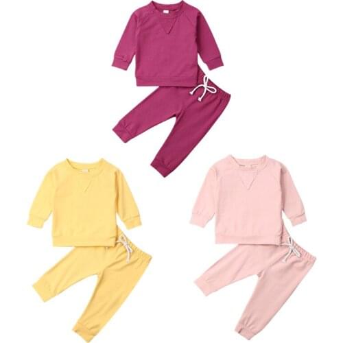 Focusnorm 0-4Years Newborn Baby Girl Boy Unisex Tracksuit Set Solid Cotton Soft Top + Pant Pure Color Clothes Set