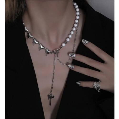 Lifefontier Luminous Beads Pearl Necklace for Women Silver Color Metal Heart Pendant Stitching Chain Choker Necklace Jewelry