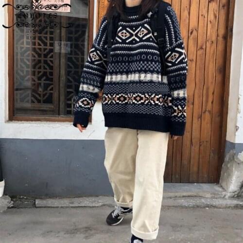 Sweaters Pullovers Women Jacquard Knitted O-Neck Sweater Womens Harajuku Korean Casual Loose Retro Print Jumpers Autumn-winter
