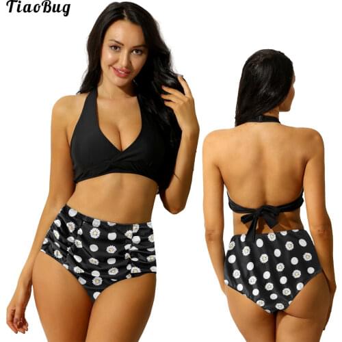 TiaoBug Women Summer 2Pcs Flower Print Swimsuit Swimwear Bathing Suit Halter V Neck Top High Waist Ruched Bikini Briefs Sets