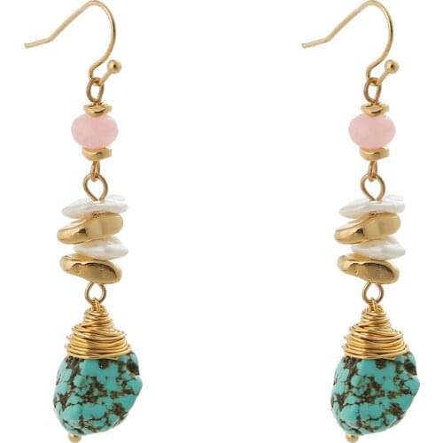 Bohemia Long Ethnic Blue Turquoises Stone Drop Earrings For Women Boho Jewelry Gold Earrings Pink Bead Jewelry