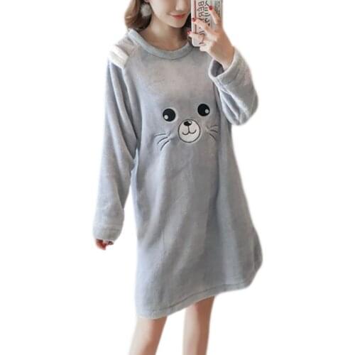 Womens Winter Thicken Flannel Long Sleeve Nightgown Cute Cartoon Animal Bear Printed Sleepwear Sweet Student Loose Knee Length