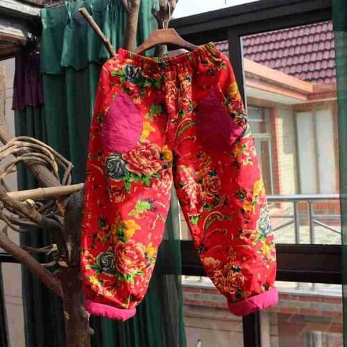 Johnature 2020 New Original Women Cotton Trouser Cross-pants Loose Elastic Waist Plus Size Thick Warm Print Floral Long Pants