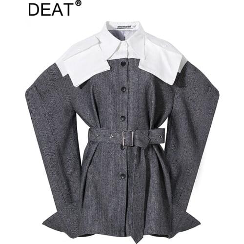 DEAT Women Gray High Street Patchwork Blazer New Lapel Long Sleeve Loose Fit Jacket Fashion Tide Autumn Winter 2021 GX907