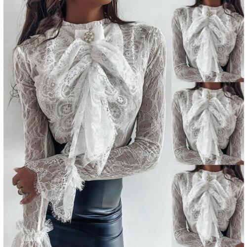2020 Womens Long Sleeve Sheer Mesh Blouse Hollow Out Floral Lace Long Sleeve Blouse Ladies Autumn Tie up Mesh Shirt Tops
