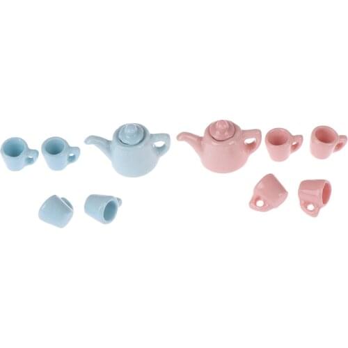 5Pcs/set Ceramic Scale 1:12 Miniature Modern Porcelain Tea Cup Set Tableware Kitchen Dollhouse Teapot Solid Color