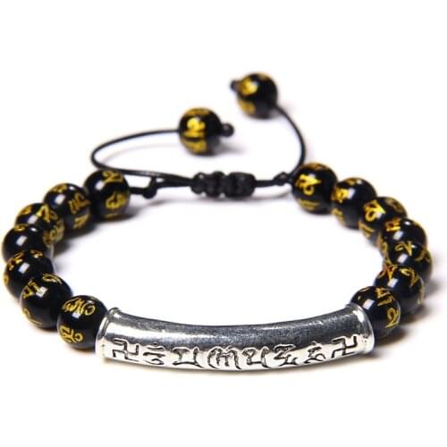 Feng Shui Natural stone bracelet Six Word Proverbs Charm Tibetan women men pray Lucky Wealth Buddhism Lava stone beads Bracelets