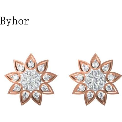 Byhor Solid 14K White/Yellow+White/Rose+White Gold 0.51ct H/SI Natural Diamonds Flower Stud Earrings Women Cерьги Fine Jewelry