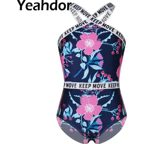 2021 Kids Girls One Piece Summer Swimwear Clothing Sleeveless X Shaped Front and Back Letter FLowers Print Swimsuit Bodysuit