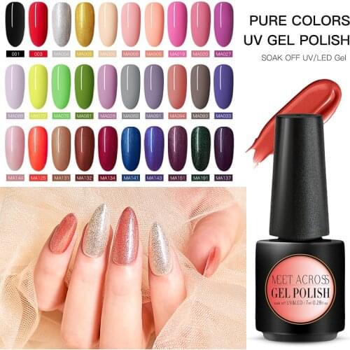 MEET ACROSS 7ml Nail Gel Polish 213 Colors Pure Glitter Sequins Gel Lacquer Hybrid Soak off Organic UV LED Nail Gel Varnish