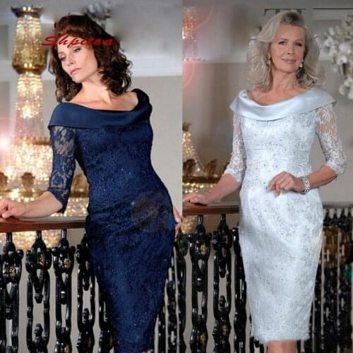 Lace Knee Length Mother of the Bride Dresses for Weddings Plus Size Party Navy Blue Dinner Evening Godmother Groom Dresses