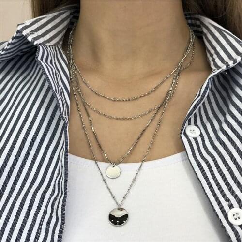 Trendy Rhodium Color Plating Circle Pendant Layered Necklace For Women Girl Casual Elegant Gorgeous Jewelry Accessory