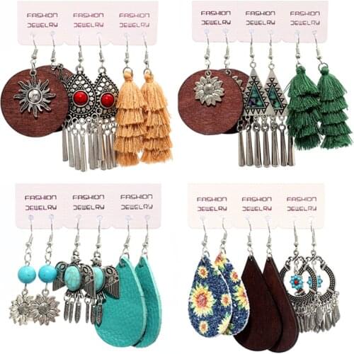 Wooden Leather Earring Set Bohemian Geometric Sunflower Metal Retro Vintage Statement Geometric Gift Trend Originality Earrings