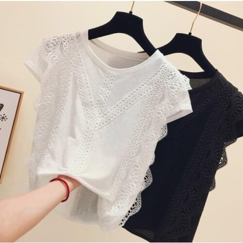 New Fashion Summer Womens Short Sleeve T-shirt Simple Solid Color Lace Stitching Cotton Tshirt Students Girls Basic Tops