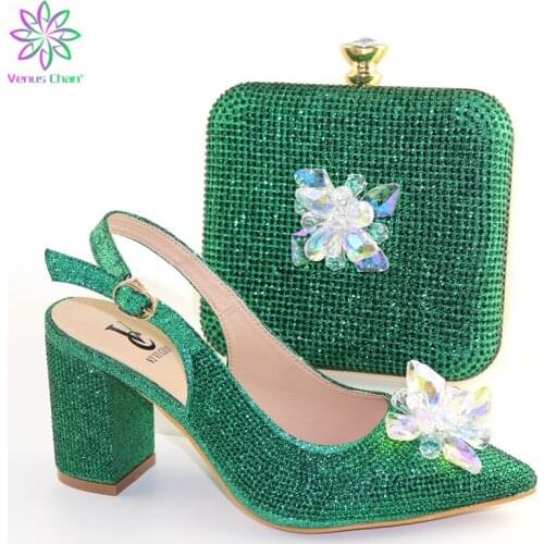 African new coming Italian Shoes And Bag Sets For Evening Party With Stones green Italian Handbags Match Bags