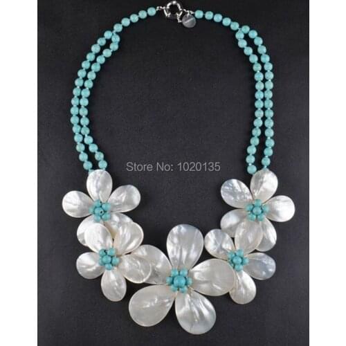 2rows white shell flower and turquois necklace 18inch wholesale beads nature gift discount FPPJ