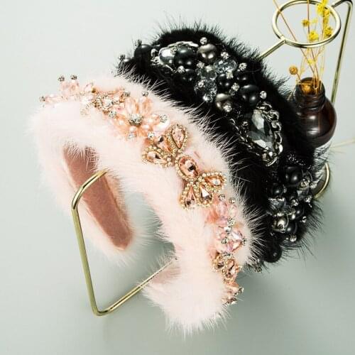 New Arrived Handmade Luxury Rhinestone Baroque Faux Fur Headband Crystal Bling Furry Hairband Women Winter Hair Accessories