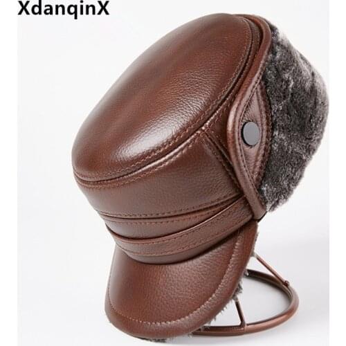 XdanqinX Winter Bomber Hat Natural Genuine Leather Caps For Men Anti-cold Fur Warm Earmuff Hats Mens Brands Cowhide Leather Cap