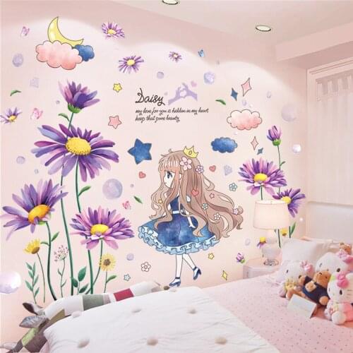 [SHIJUEHEZI] Daisy Flowers Plants Wall Stickers DIY Girl Clouds Wall Decals for Living Room Kids Bedroom House Decoration