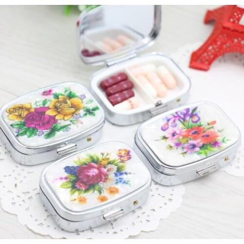 1pcs Folding pill case with mirror drug Medicine Organizer Portable Pill Box Flower print Makeup Storage Container