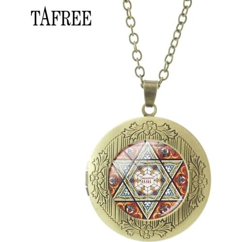 TAFREE High Quality Vintage Pentagram Locket Necklace Glass Dome Pendant Necklace Women Men Gift Jewelry DT01