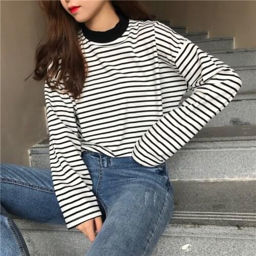 T-shirt Women Long Sleeves Striped Soft Womens T-shirts All-match Trendy Simple Leisure Ladies Tops Girls Tees Female Clothing