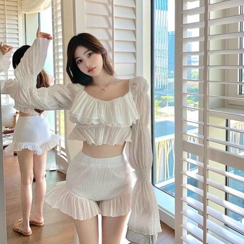 Sexy Stretch Crop Tops Shorts Beach Two Piece Set Women Flare Long Sleeve Square collar Shirt + Ruffles Shorts 2 Piece sets