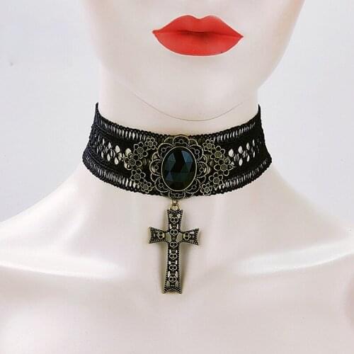 Goth Cross Skeleton Pendant Necklace Women Aesthetic Retro Black Lace Choker Collarbone Chain Hallowmas Jewelry Initial Charm