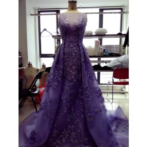 100% Real Picture Prom Dresses With Detachable Train Jewel Neck Lace Appliqued Evening Gowns Plus Size Pageant Dress