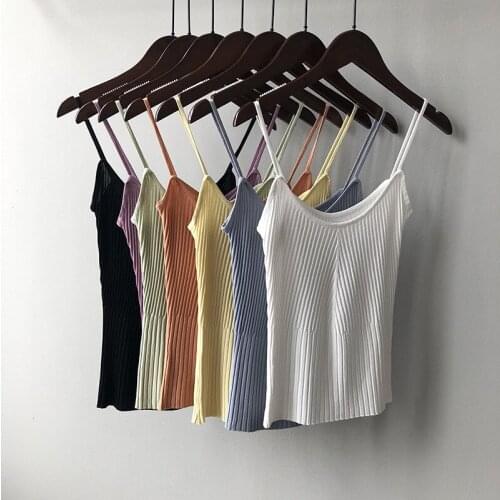 2020 Chic Pure Knitted Candy Color Tops Sexy Boho White Tank Top Female Women Summer Yellow Camis