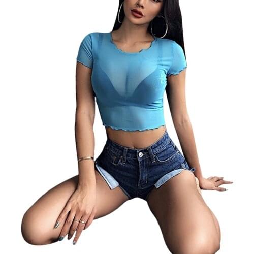 2021 Summer Fashion Bikini Cover Up Women Sexy Mesh Tops See Through T-Shirt Short Sleeve Crop Top Beach Bathing Suit Swimwear