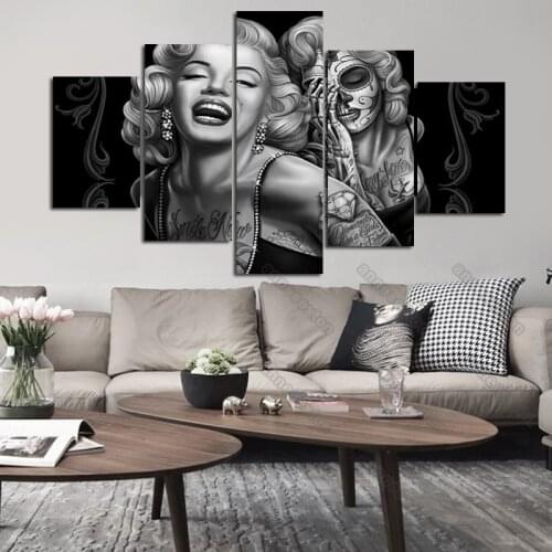 5Pcs Hd Printed Canvas Painting Poster World-Famous Model Smiling Marilyn Monroe Black and White Photo for Home Room Wall Decora