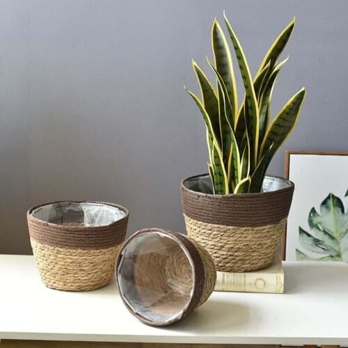 Handmade Bamboo Storage Baskets Seagrass Wicker Basket Garden Flower Pot Laundry Basket Container Holder With Waterproof Liner