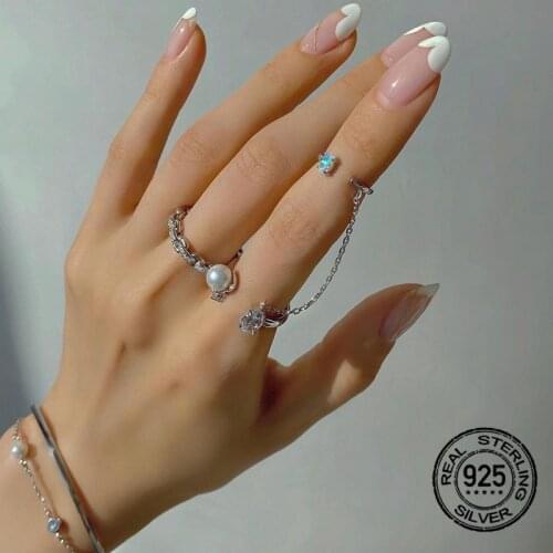 Chain Pearl Zircon S925 Silver Rings For Women Opening Adjustable Simple Geometry Fashion Korea New Trendy Female Jewelry INEFFA