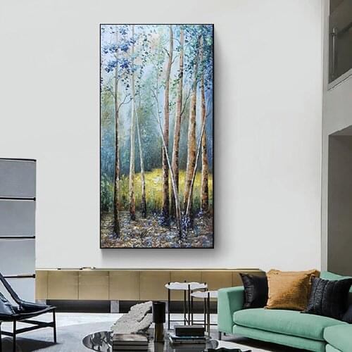 Handmade White Birch Forest Oil Painting On Canvas Abstract Landscape Painting Wall Art Pictures Hand Painted For Living Room