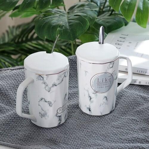 Nordic Wind Ins Marble Ceramic Cup Creative Polygon with Cover and Spoon Water Cup Office Business Mug