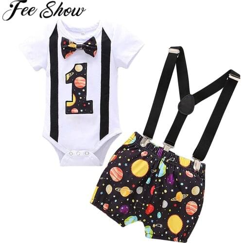 Summer Baby Boy Gentleman Outfit One Year Old Formal Suits Bow Tie Romper Strap Shorts 2pcs Sets Boy 1st First Birthday Suit
