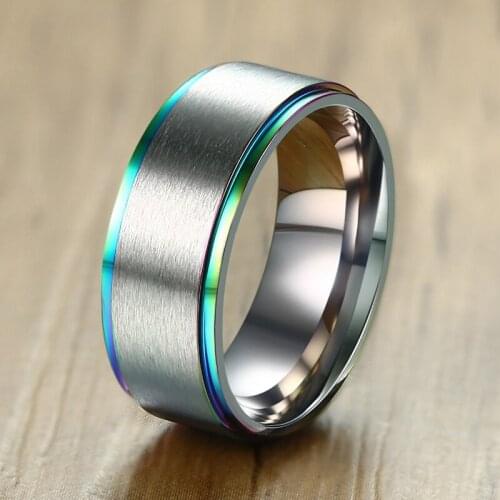 Men Ring Silver Color Brushed Center with Rainbow Rim 8mm Wedding Band Matte Stainless Steel Male Casual Alliance Jewelry