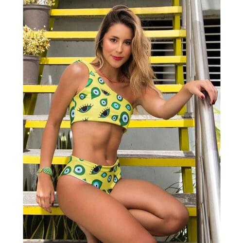 2021 New Sexy Bikinis Women Swimsuit Eyes Print Swimwear High Waist Bathing Suit Beachwear One Shoulder Biquini female