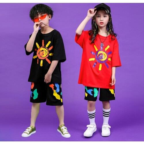 Girls Boys Short Sleeve Jazz Ballroom Dance Clothes for Kids Loose T Shirt Tops Jogger Short Pants Hip Hop Dancing Costumes Wear